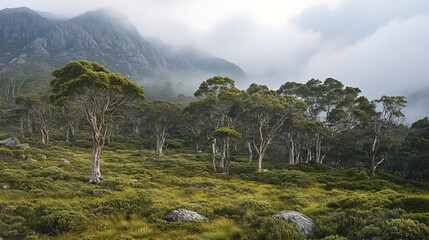 Sticker - Lush high elevation forest with misty mountains and unique trees