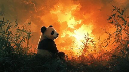 Wall Mural - Panda sitting amidst bamboo stalks at sunset, fiery sky.