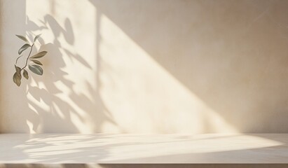 Wall Mural - Sunlight illuminates a minimalist beige room with a plant casting shadows on a light wooden surface.