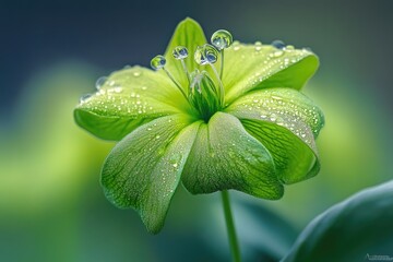 a vibrant green flower, glistening with morning dew, showcases nature's delicate beauty.