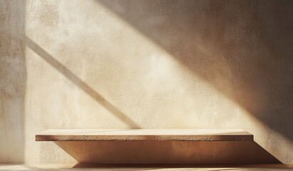 Poster - Wooden shelf against textured wall with sunlight. (1)