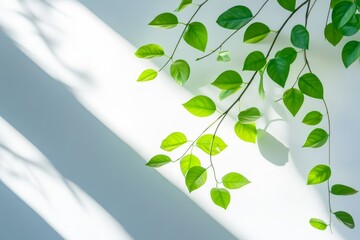 Canvas Print - Sunlight illuminates vibrant green leaves against a white wall.