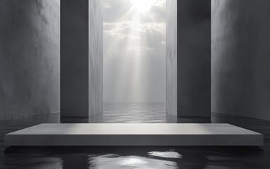 Poster - Minimalist grey platform in a concrete room with ocean view.
