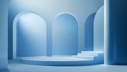 Poster - Abstract blue archway interior with circular platform and stairs.