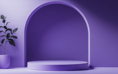 Poster - Purple archway, plant, and display podium.