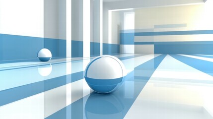 Poster - A minimalist interior with blue and white striped walls and spherical objects.