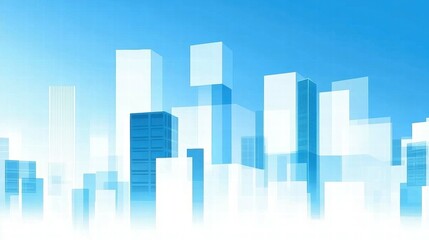 Poster - Abstract city skyline with translucent buildings against a blue sky.