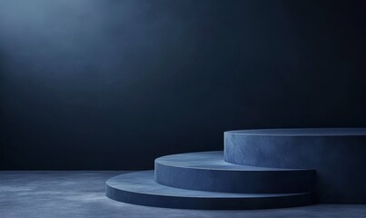 Poster - Dark blue three-tiered circular display stand on dark floor.