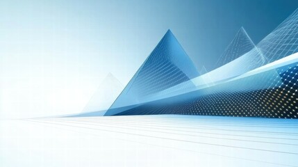 Poster - Abstract geometric design featuring blue pyramids and smooth lines, conveying modernity.