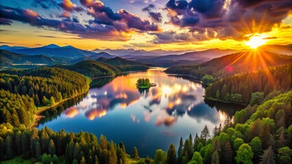 Canvas Print - Aerial View Serene Mountain Lake Sunset, Breathtaking Nature Landscape