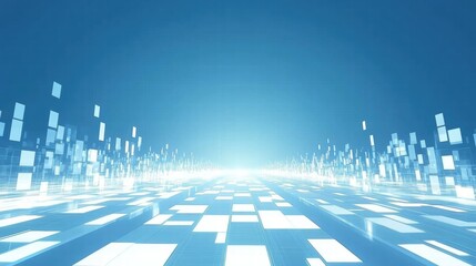 Poster - Futuristic digital landscape with glowing squares and a bright horizon.