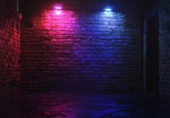 Poster - Neon-lit brick wall interior, dark room, grunge.