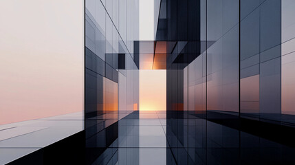 Poster - Modern skyscraper reflecting sunset hues with glass architecture. Generative AI