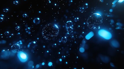 Abstract glowing blue orbs floating on a dark background with soft light reflections