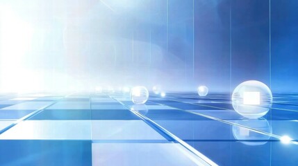 Poster - A futuristic digital landscape with glowing spheres on a grid.