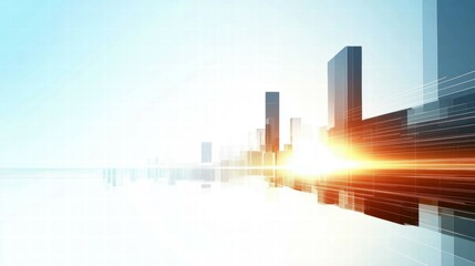 Poster - A futuristic cityscape with skyscrapers and a bright sunrise.