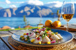 © Juri - A beautifully plated ceviche from Peru, featuring fresh fish marinated in citrus juices, with red onions, cilantro, and corn, served on a rustic wooden table by the sea