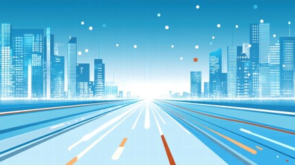 Aufkleber - A futuristic cityscape with glowing roads and buildings against a blue gradient background.