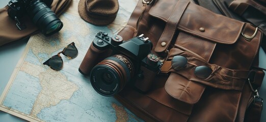 Aufkleber - Travel essentials camera, map, leather bag, sunglasses, hat.