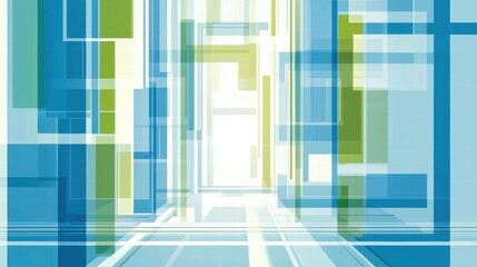 Fototapete - Abstract geometric design with layered shapes in blue and green tones, suggesting depth.