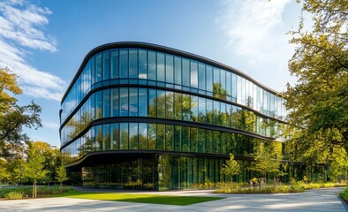 Fototapete - Modern glass office building with curved facade, surrounded by green landscaping under a bright blue sky.