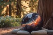 © Isuru - A glass sphere reflects a nebula, nestled amongst smooth stones in a tranquil forest.