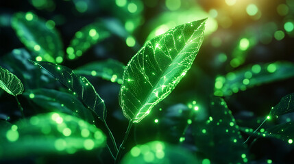 Aufkleber - Futuristic glowing finance algorithm data visualized through digital leaves. Generative AI