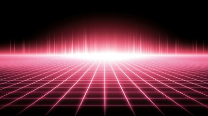 Poster - A vibrant pink grid landscape with a glowing horizon, evoking a retro-futuristic aesthetic.