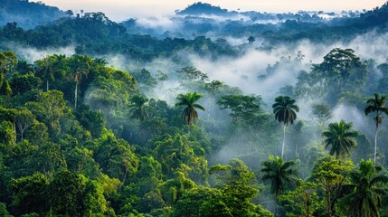 Wall Mural - a misty morning in a dense forest with sunlight filtering through the fog, creating a serene and cal