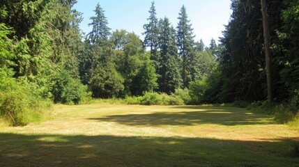 Wall Mural - a wide-angle view of a sunlit forest clearing, with tall trees surrounding a lush green meadow, offe