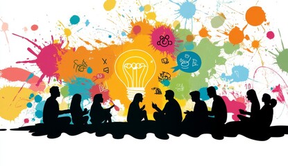 Aufkleber - Diverse group brainstorming ideas, colorful background.