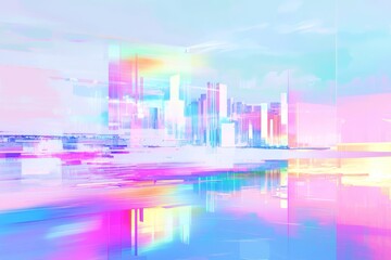 Fototapete - Pastel city skyline reflected in water, dreamy futuristic landscape.