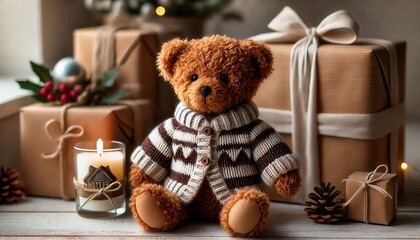 Wall Mural - A teddy bear sitting among Christmas presents with a lit candle, wearing a cozy sweater...Concept: Christmas gifts, winter, cozy scene.