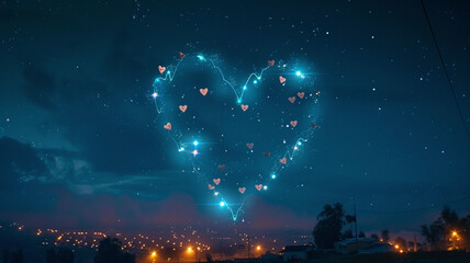 Wall Mural - A heart-shaped constellation formed by the glow of city lights on Valentine's Day.