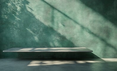 Poster - Floating shelf against a green textured wall with sunlight shadows.