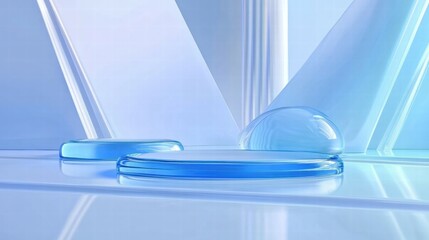 Poster - A serene composition featuring blue glass-like shapes on a reflective surface.