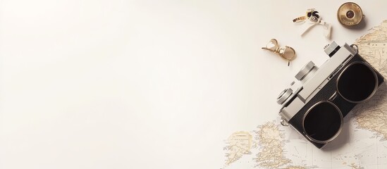 Aufkleber - Vintage camera, compass, and map on white background.