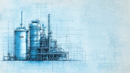 Poster - Extended Producer Responsibility concept. A blueprint-style illustration of industrial structures, featuring tall silos and pipelines against a soft blue background.