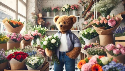 Poster - A teddy bear standing in a flower shop holding a bouquet...Concept: Flowers, retail, florist, cute.