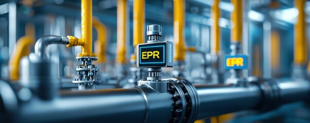 Poster - Extended Producer Responsibility concept. A close-up view of industrial pipes with pressure gauges, featuring bright yellow piping and clear digital displays indicating pressure readings.