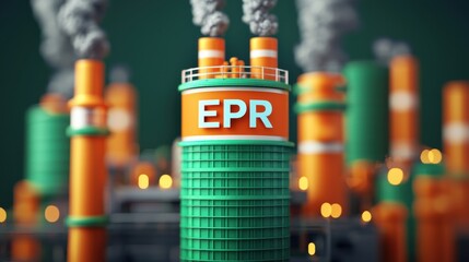 Poster - Extended Producer Responsibility concept. A colorful industrial scene featuring smokestacks with the label 