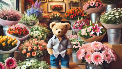 Poster - A teddy bear surrounded by various flowers in a flower shop...Concept: Floral, retail, business, cute concept.