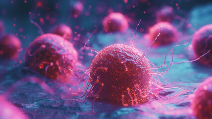 Wall Mural - A microscope image capturing the intricate details of cancer cells under examination in a lab.
