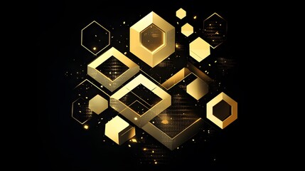Poster - abstract golden geometric shapes design on black background
