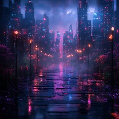 digital cityscape in panorama style with abstract neon light effects and glowing pathways 