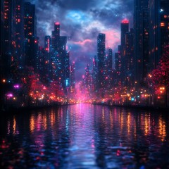 digital cityscape in panorama style with abstract neon light effects and glowing pathways 