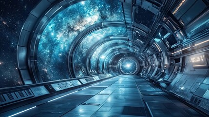 Wall Mural - futuristic spaceship corridor showing stellar nebula through windows