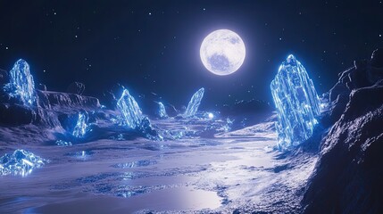 Wall Mural - glowing crystal formations on an alien planet under a full moon