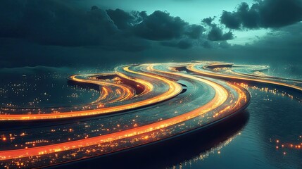 Wall Mural - Illuminated Highway Curves Across a Dark Waterscape