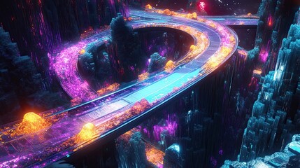 Wall Mural - futuristic glowing highway through crystal mountains